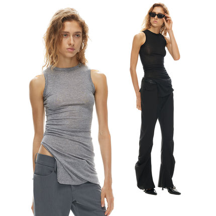 1747 天丝羊毛侧开叉皱褶背心 小众设计辣妹无袖三色上衣 VEST