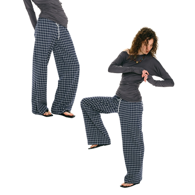 慵懒宽松格纹拼接百搭蓝色卫裤