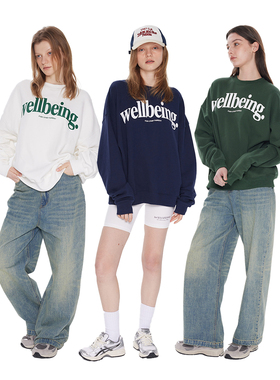 1747「WELLBEING」宽松圆领卫衣 字母印花加绒套头衫 男女同款