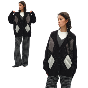 1747 毛衣宽松外套 北欧风几何菱形格图案_珍贝绒开衫