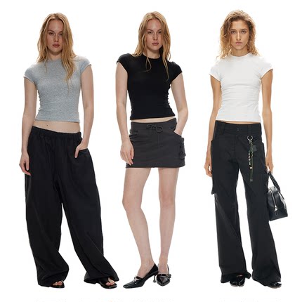 1747 简约纯色小飞袖设计修身圆领短袖 百搭显瘦螺纹短款T恤