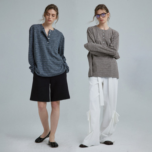 1747 静奢段彩纱 亨利领 复古率性宽松中性长袖T恤