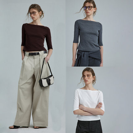 1747“小沙漏” 复古船领 高智感莱卡棉 七分袖T恤