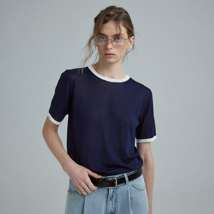 1747「100％高捻天丝莱赛尔」90S撞边复古 百搭纸片人针织衫