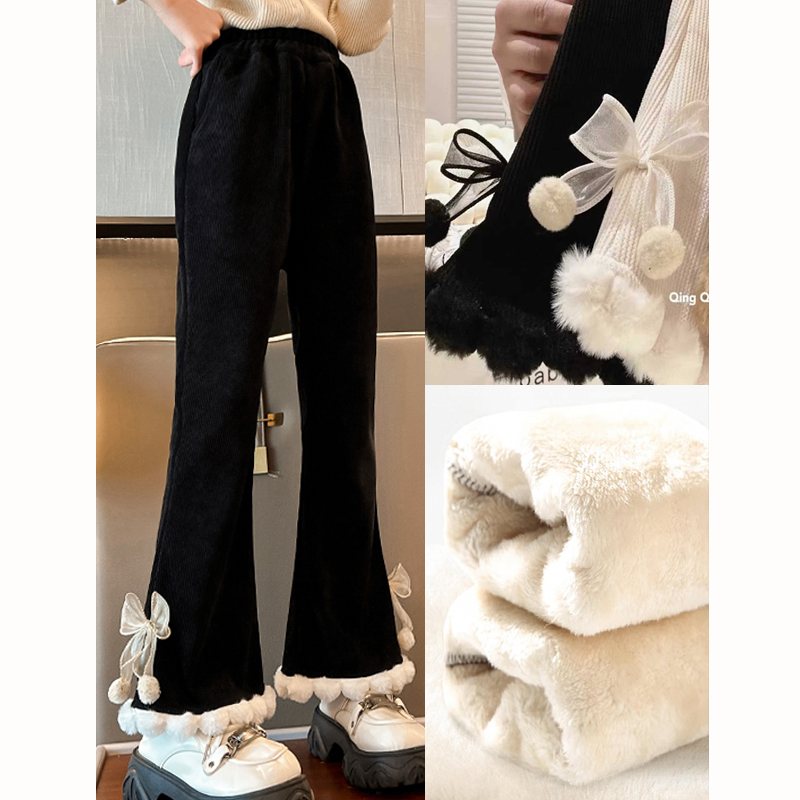 女童加绒裤子秋冬2024新款儿童春女孩一体羊羔绒裤加厚喇叭裤洋气