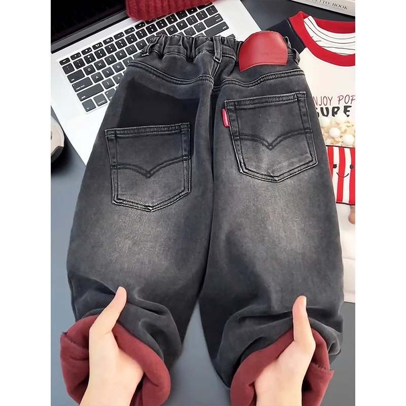 女童牛仔裤秋冬2025新款韩版儿童加绒加厚裤子大童女孩时髦老爹裤