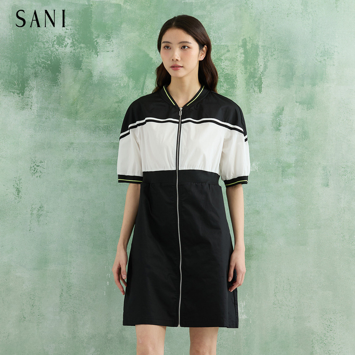 SANI奥莱反季清仓特卖纯棉26春撞色拼接棒球领短袖中长连衣裙女
