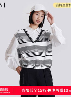 SANI2026秋季假两件套Polo领撞色条纹拼接高级感轻薄气质衬衫女
