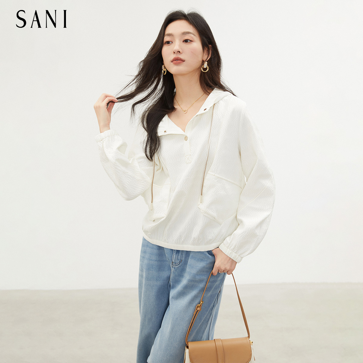 连帽不规则口袋抽绳卫长袖衣女