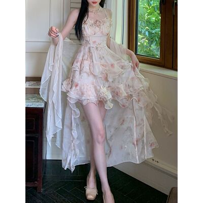 Cocoa forest玫瑰甜美雪纺印花设计感裙摆浪漫拼接荷叶边吊带裙女