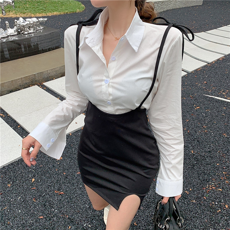 Real shot ~ smart sexy open back bandage solid short shirt + versatile split slim suspender skirt suit