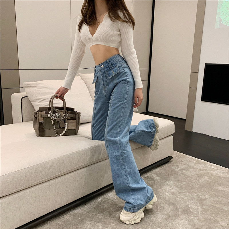 Real price retro classic high waist slim versatile micro trumpet vertical straight Wide Leg Jeans