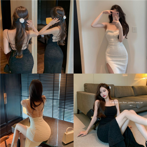 Real price ~ French sexy high class open back tight split A-line bag hip suspender mid length dress