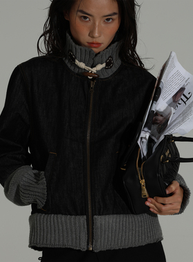 61sec 24FW Natural combinations 黑色水洗牛仔拼接粗毛线外套