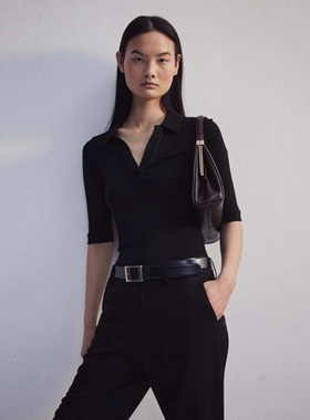 Ninety Percent 春季新款纯色棉质坑条女士翻领V领针织