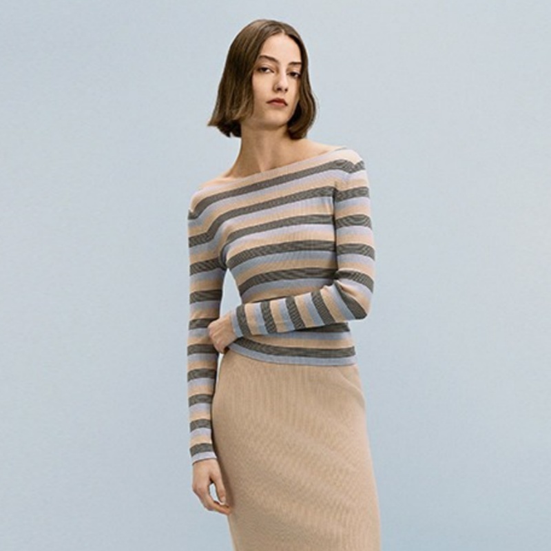 INSPIRE&STORIES条纹渐变针织衫女2024春季新款一字领打底衫长袖