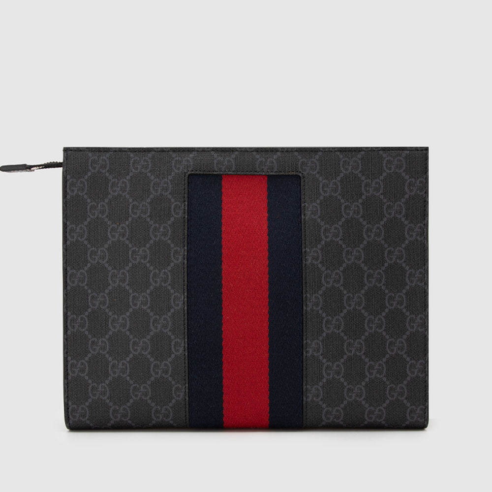 现货GUCCIGUCCI春季新品复古老花logo条纹织带男士手拿手抓包手包