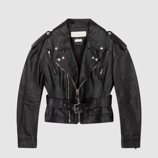 现货ALEXANDER 牛皮多拉链翻领女皮夹克外套皮衣 MCQUEEN麦昆新品