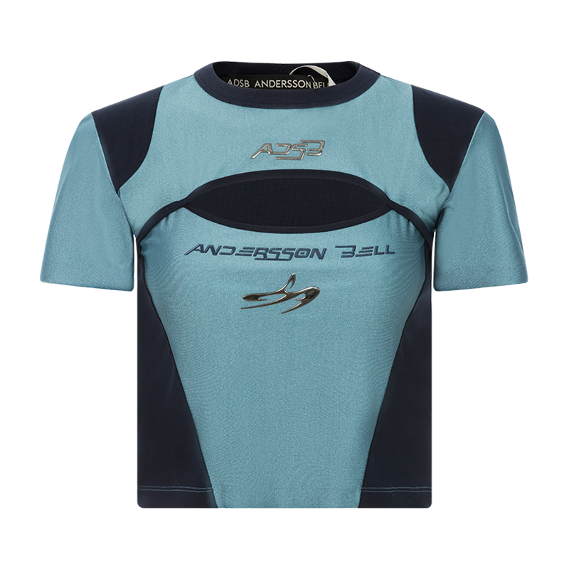 ANDERSSON BELL 春季新款女士挖剪拼色弹力短袖T恤