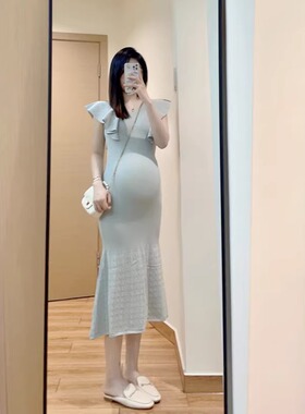 夏季新款孕妇装针织连衣裙荷叶边无袖修身时尚镂空V领孕妈妈长裙
