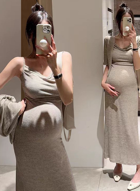 孕妇连衣裙春秋夏季高级感新款潮妈孕期穿搭修身辣妈吊带长裙套装