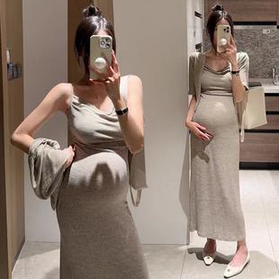 孕妇连衣裙春秋夏季高级感新款潮妈孕期穿搭修身辣妈吊带长裙套装