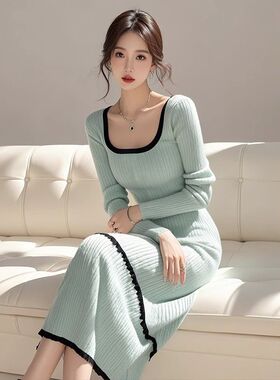 韩国气质方领针织毛衣孕妇连衣裙女秋冬独特气质绝美配大衣的长裙