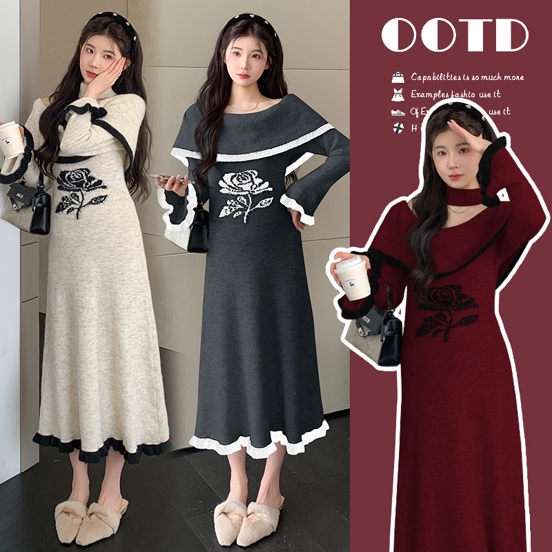 秋冬新款性感孕妇连衣裙中长款保暖裙精致复古针织毛衣修身鱼尾裙