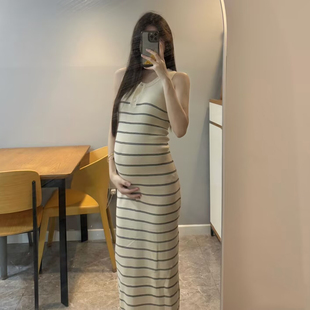 新款夏季经典条纹无袖长款修身可哺乳孕妇连衣裙+防晒衫大码女装