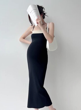 夏季法式高级感长裙子孕妇装拼色冰丝裙御姐名媛黑色吊带连衣裙女
