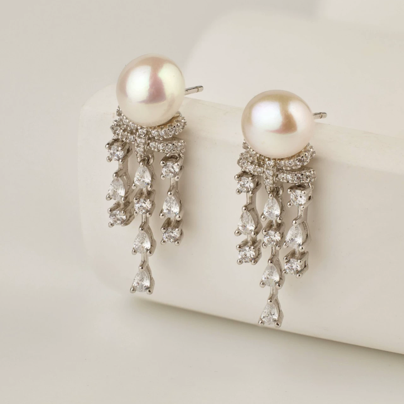 凌溪珠宝 | 三链流苏珍珠耳环诸暨淡水珍珠耳饰轻奢秋冬百搭