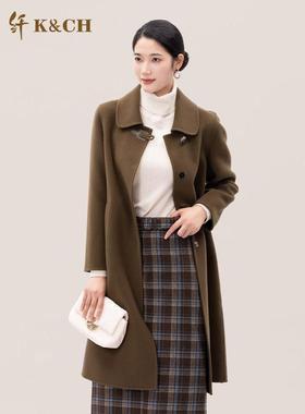 K&CH纤牌女装/双面呢羊毛翻领大衣中长款牛角扣女外套8422C821J1