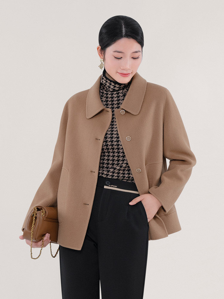 新款宽松秋冬立领纯色毛呢外套