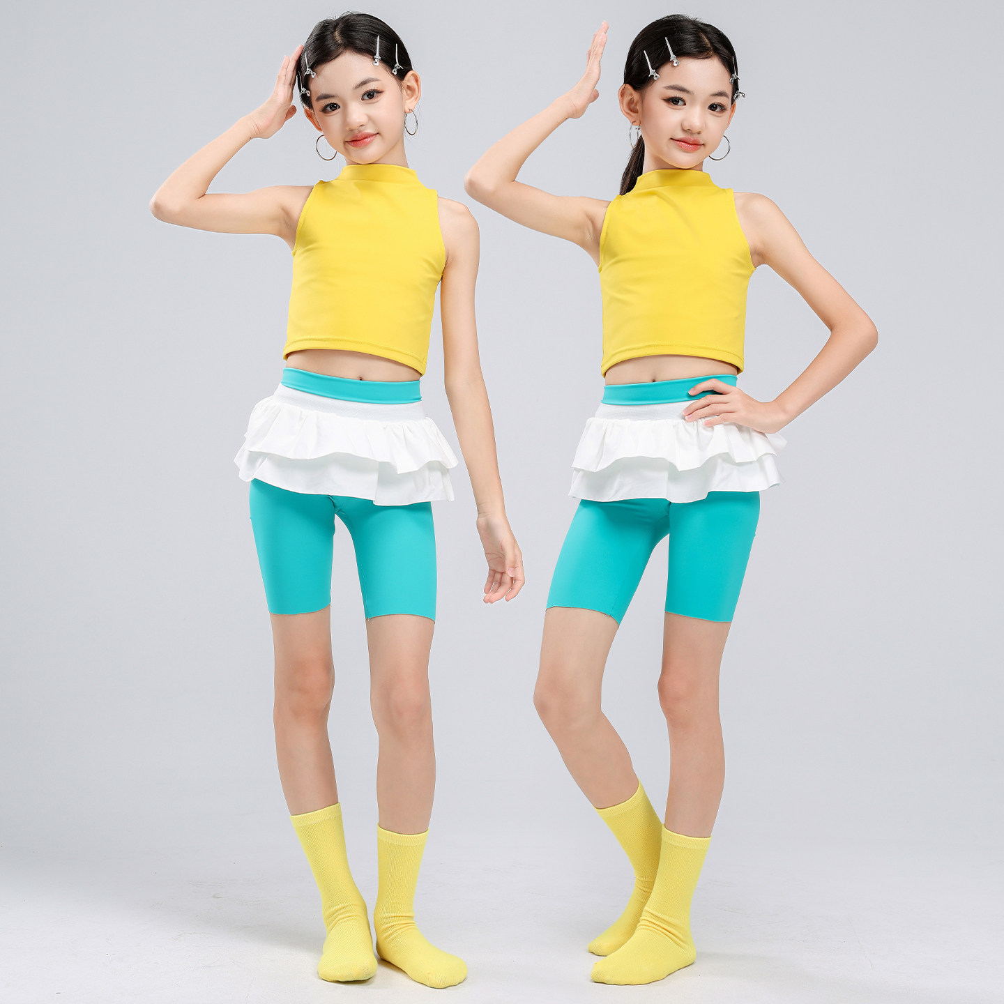 女童舞蹈服黄色小高领背心练功服艺考形体服模特瑜伽爵士舞训练服图片