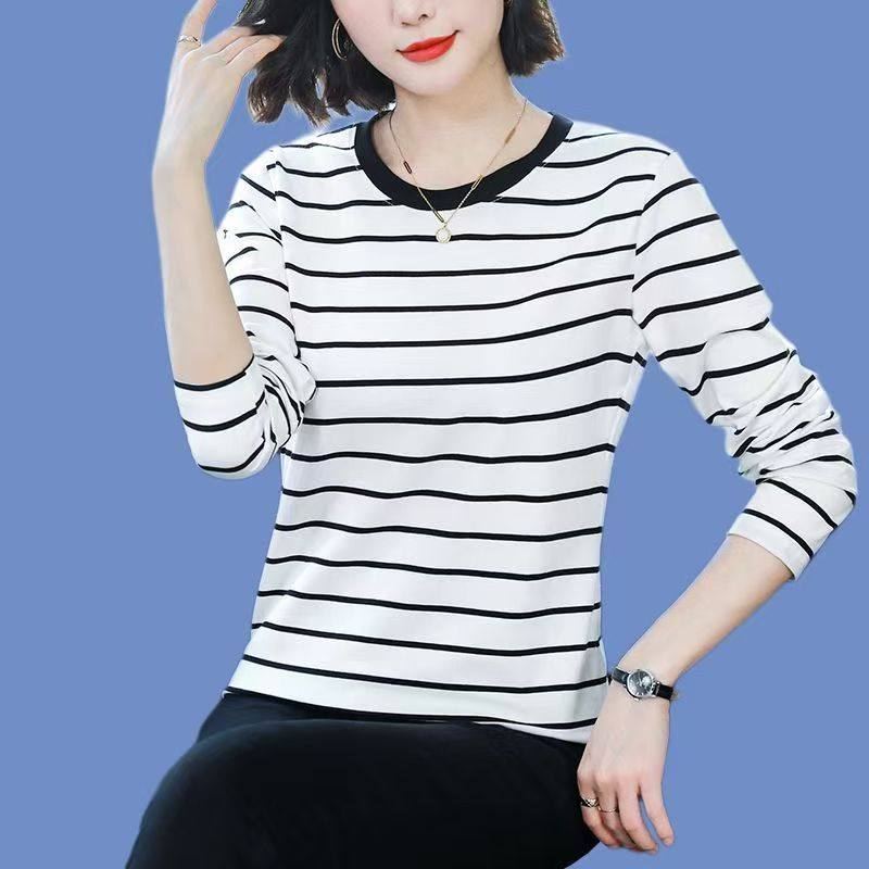 大码中年圆领遮肚纯棉长袖T恤女士条纹新款宽松内搭显瘦打底上衣,女装/女士精品,大码内搭,淘宝优惠券,粉丝福利购,淘宝优惠卷