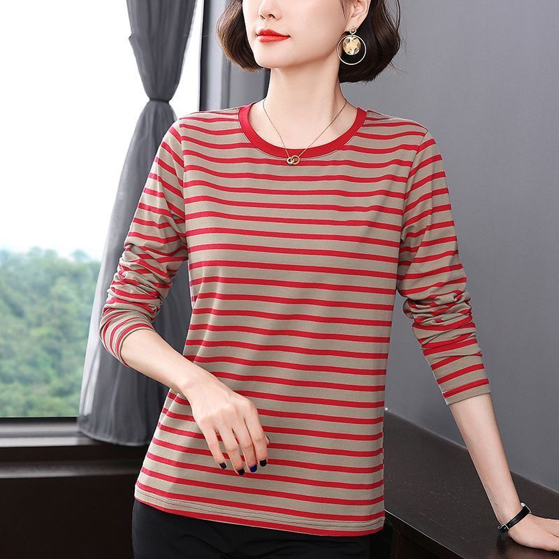 春秋条纹圆领遮肚大码中年纯棉长袖T恤女士新款宽松显瘦洋气上衣