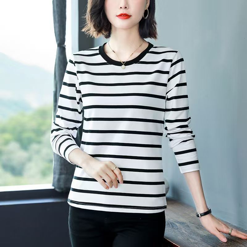 条纹纯棉大码遮肚子减龄显瘦长袖T恤女春秋中年妈妈洋气打底上衣