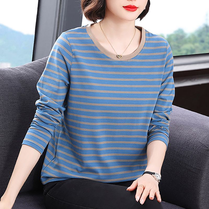 大码中年妈妈纯棉圆领条纹长袖T恤女遮肚洋气减龄上衣秋衣打底衫