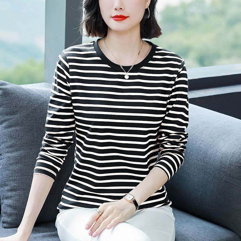 春秋纯棉大码遮肚子条纹长袖T恤女新款中年妈妈显瘦洋气薄款上衣