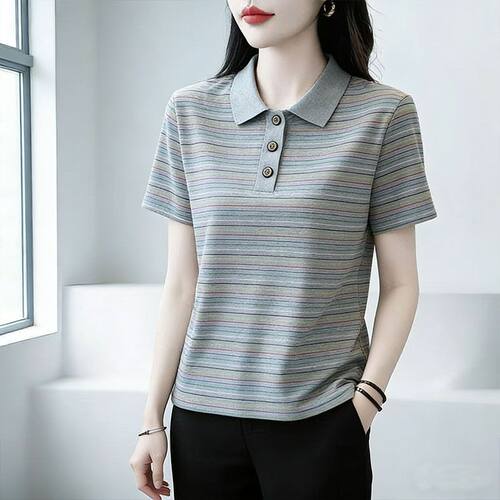 时尚纯棉条纹大码百搭polo衫短袖t恤女夏季中年宽松显瘦半袖上衣