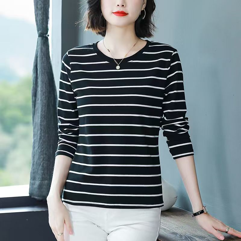 大码洋气条纹圆领减龄纯棉长袖t恤女春秋胖mm遮肚子中年宽松上衣