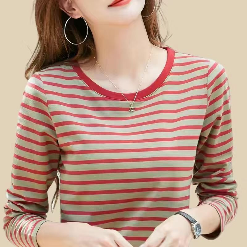 条纹春秋中年圆领遮肚纯棉长袖T恤女士大码宽松内搭显瘦打底上衣