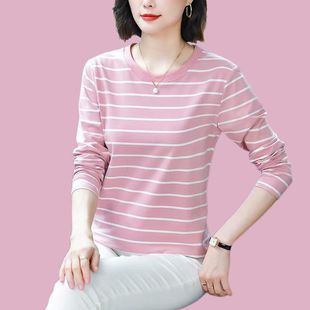 上衣 纯棉洋气减龄条纹长袖 t恤女2025新款 大码 遮肉宽松圆领打底衫