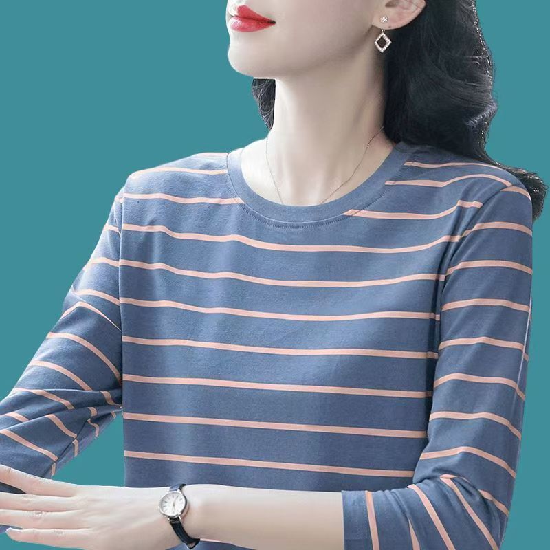 纯棉大码遮肚子显瘦条纹长袖T恤女春秋新款中年妈妈洋气打底上衣