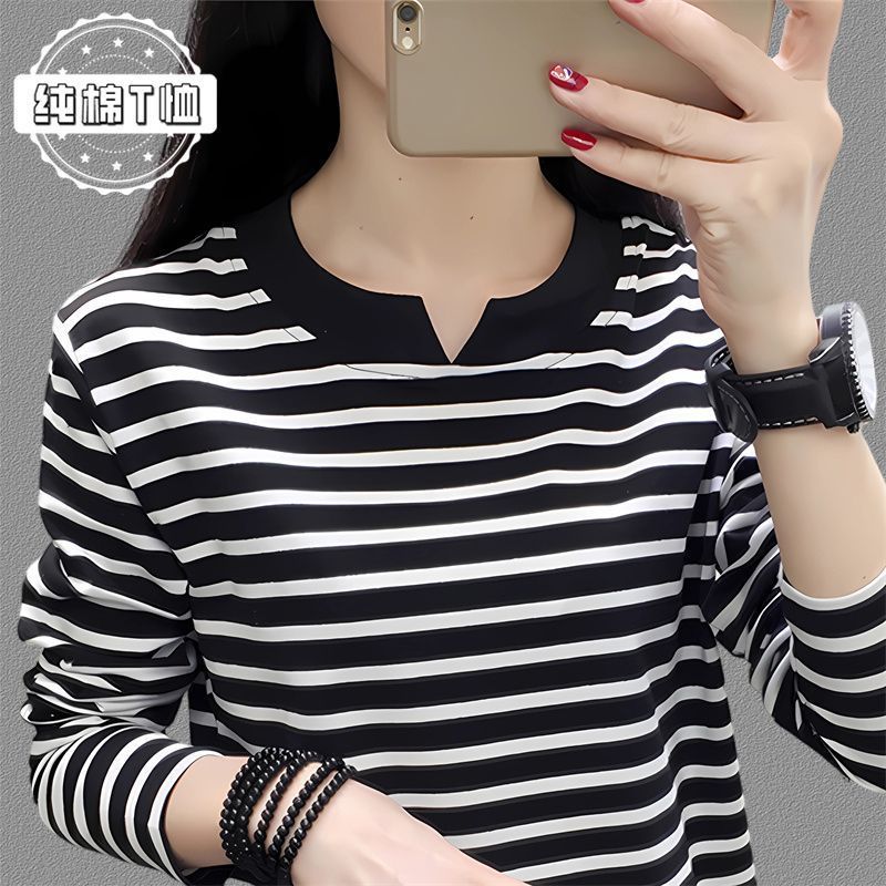 中年遮肚子显瘦纯棉圆领条纹长袖T恤女大码减龄妈妈洋气打底上衣
