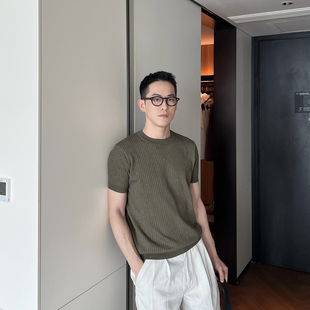 老钱风纯色极简花绿色纹理冰丝针织短袖 T恤男休闲上衣 Tian Nick