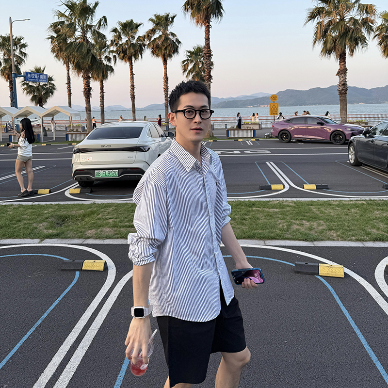 NickTian刺绣薄款防晒条纹衬衫