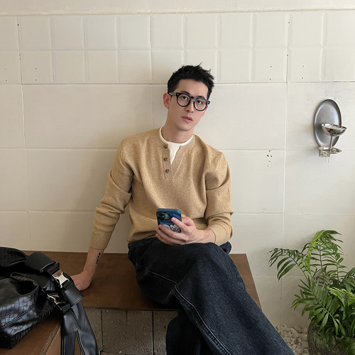 NickTian假两件亨利领针织衫