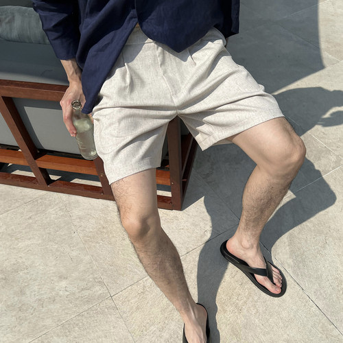 NickTian老钱松紧腰仿亚麻短裤