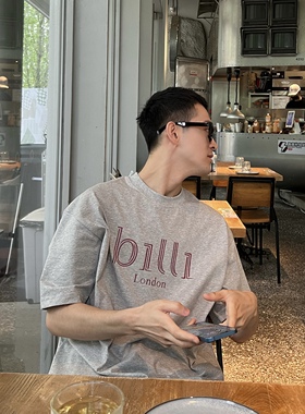 Nick Tian 夏季韩系简约风短袖t恤男灰色字母印花休闲打底衫上衣